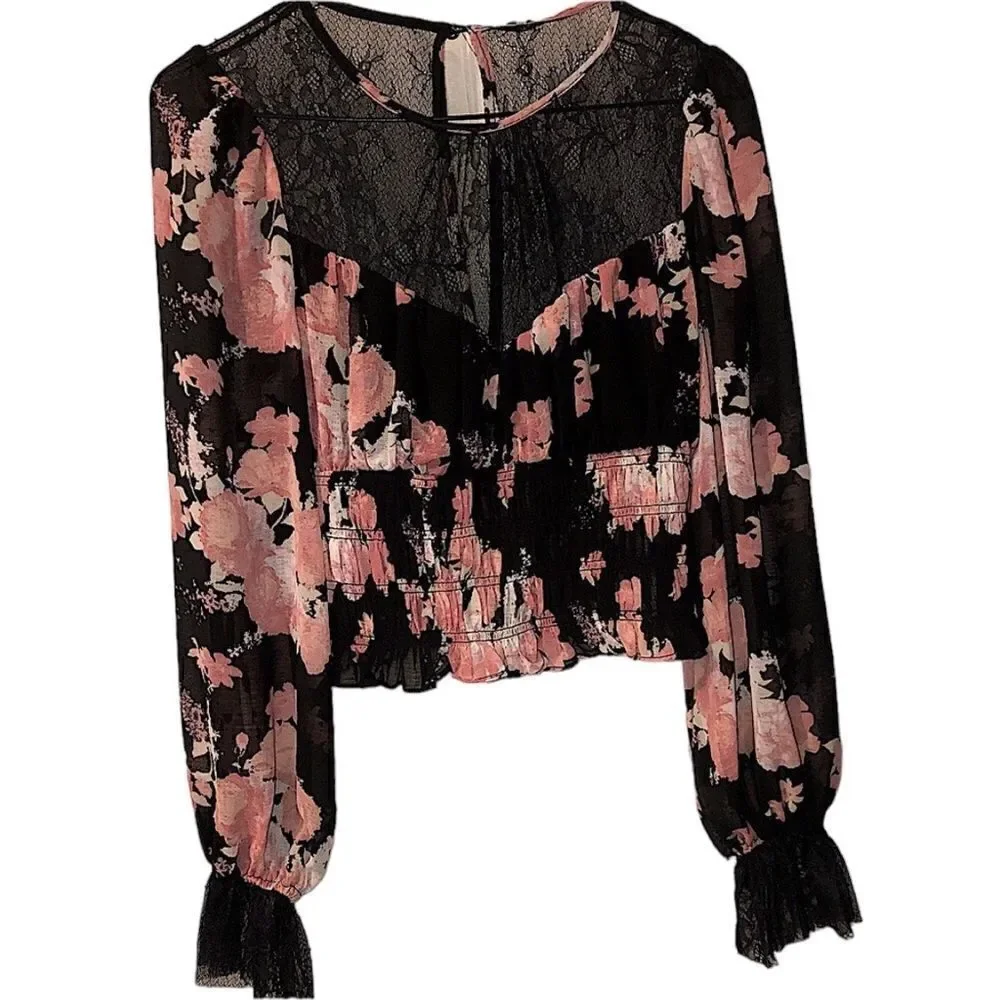 FREE PEOPLE NWT Black Lace Pink Beige Floral Boho Blouse  Top Long Sleev…